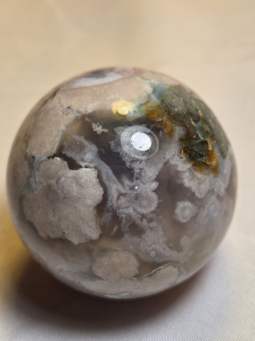 Polished Flower Agate Sphere in Gray and Cream Home/Office Decor